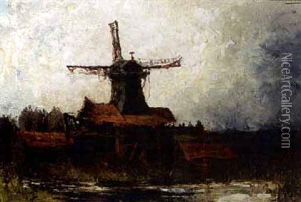 A Windmill In A Polder Landscape Oil Painting - Frederik Willem Zurcher