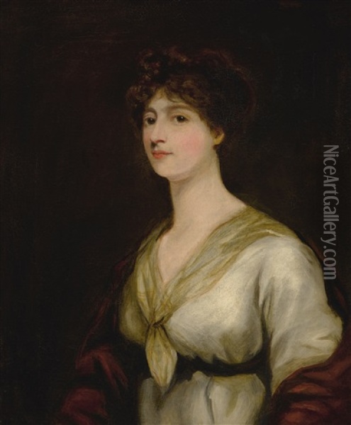 Portrait Of Miss Bristow, Half Length, With A White Dress And Red Cloak Falling From Shoulders Oil Painting - John James Masquerier