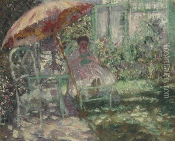 The Garden Parasol (preliminary Study) Oil Painting - Frederick Carl Frieseke