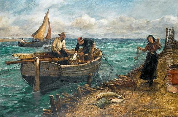 What The Boat Brought Home From Sea Oil Painting - Charles Napier Hemy