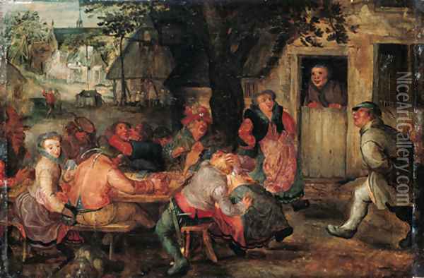 Boors merrymaking outside an inn Oil Painting - David Vinckboons
