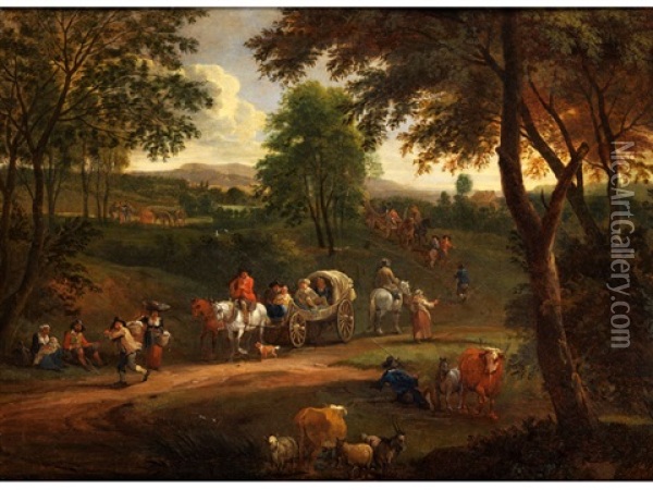 Sommerlandschaft Mit Hirten, Vieh Und Kutschwagen Auf Einer Landstrasse Oil Painting - Adriaen Frans Boudewyns the Younger