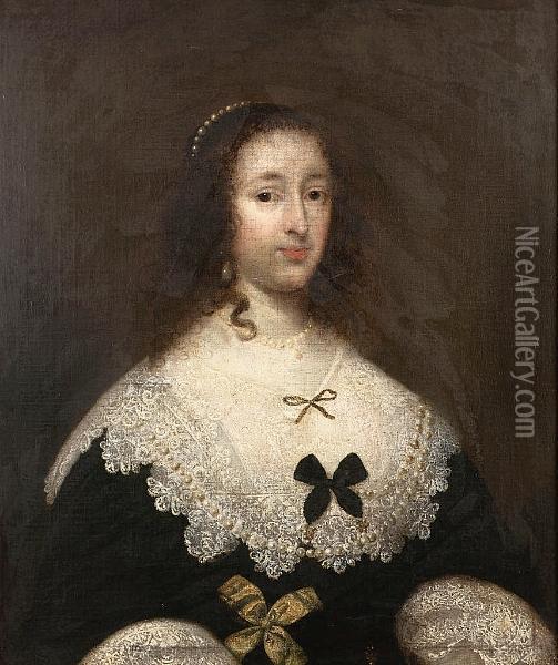 Portrait Of A Lady, Half-length,
 In A Black Dress With A White Lace Collar And Cuffs, With Yellow And 
Black Bows Oil Painting - Cornelius Jonson