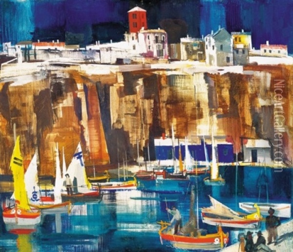 Olasz Kikoto Vitorlasokkal (italian Port With Sails) Oil Painting - Vilmos Aba-Novak