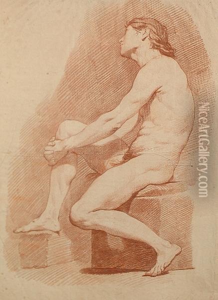A Seated Male Nude Oil Painting - Charles-Francois Hutin