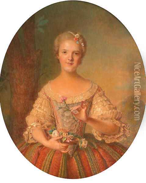 Portrait of a lady, half length, holding a pink carnation Oil Painting - French School