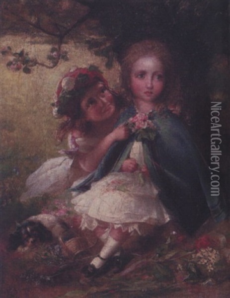 Two Young Girls With Their King Charles Spaniel Oil Painting - Charles James Lewis