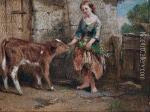 Feeding The Calf Oil Painting - John Henry Dell