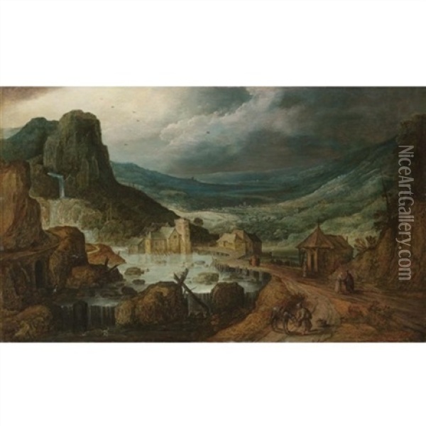 A Mountainous Landscape With A Wooden Bridge Crossing A River, And A Monk Feeding His Donkey Oil Painting - Joos de Momper the Younger