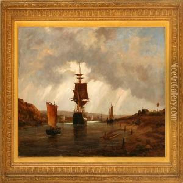 River Scene With Lively Ship Traffic Oil Painting - Richard Henry Nibbs