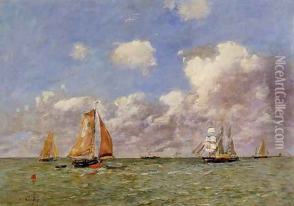 Fishing Boats at Sea Oil Painting - Eugene Boudin