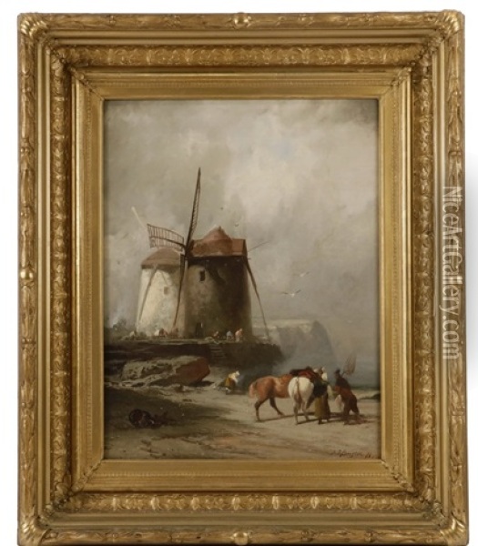Dutch Coastal Windmill With Figures Oil Painting - Franklin Dullin Briscoe