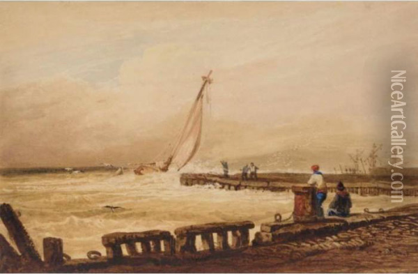 Coastal Scene With Jetty Oil Painting - Samuel Prout