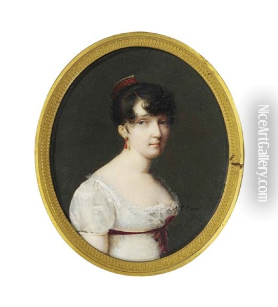 A Young Lady Called Madame Bernard, In Decollete White Dress, Claret Red Sash Tied Around Waist, Dark Upswept Hair Dressed With Coral Comb, Coral Earring Oil Painting - Charles-Guillaume-Alex Bourgeois
