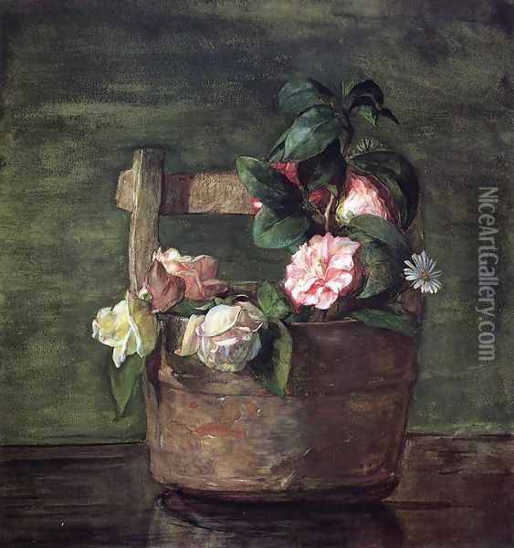 Camellias And Roses In Japanese Vase Of Earthenware With Crackle Oil Painting - John La Farge