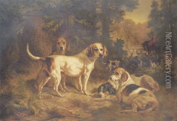 Hounds Resting In A Woodland Clearing With A Huntsman Beyond Oil Painting - Benno Raffael Adam