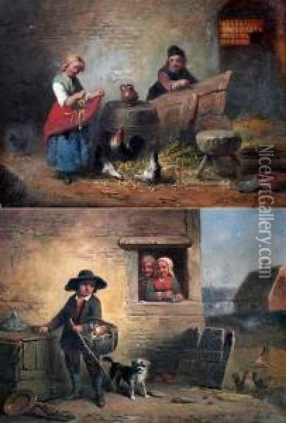 Rabbit Seller And Feeding The Chickens Oil Painting - Felix Van Den Eycken