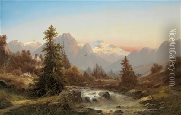 Gebirgslandschaft Mit Bach Und Ruine Oil Painting - Adolf Albin Blamauer