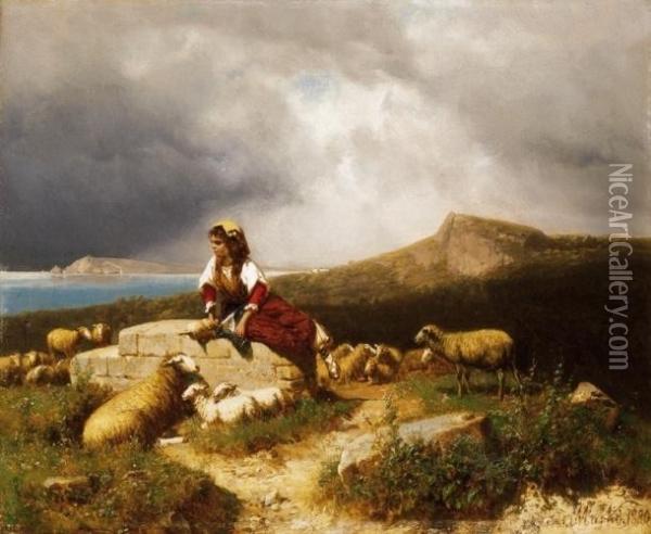Shepherdess On Italian Beach Oil Painting - Andras Markos