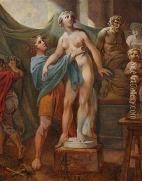 Pygmalion. The Cypriot King Pygmalion Is Adoring His Statue Of Venus, Who Is Changing Into A Real Woman Oil Painting - Christian August Lorentzen