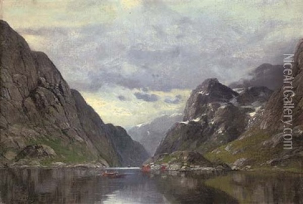 Rowing On A Fjord Oil Painting - Conrad Hans Selmyhr