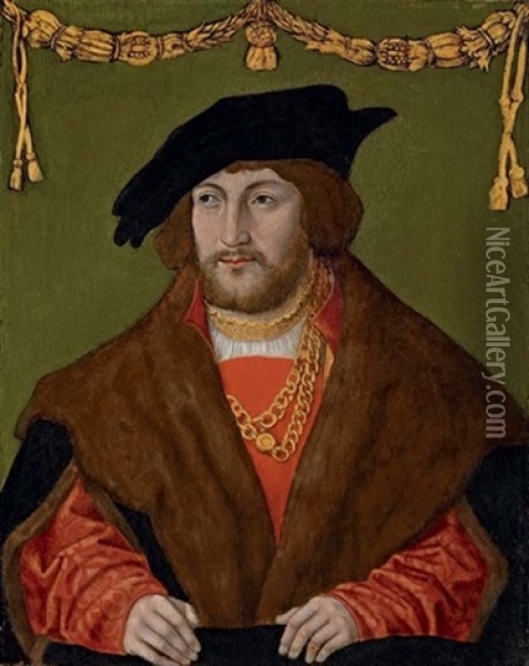 Portrait Of A Gentleman In A Red Doublet With A Brown Fur Cloak, A Gold Chain And A Black Cap Oil Painting - Hans Wertinger