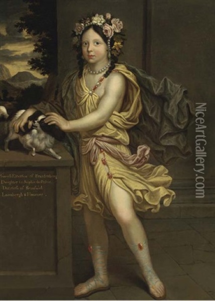 Portrait Of Princess Electrice Of Brandenberg, Standing Full-length, Dressed As Flora, With A Spaniel On A Ledge To The Side, And An Extensive Landscape Beyond Oil Painting - Pierre Mignard the Elder
