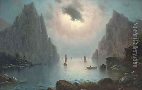 Vessels on a fjord by moonlight Oil Painting - Nils Hans Christiansen