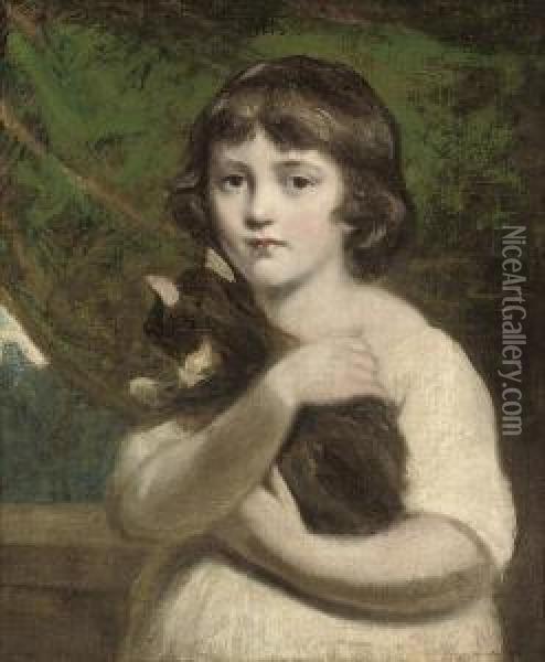 Portrait Of A Young Girl, Half-length, With A Cat, In Alandscape Oil Painting - Daniel Gardner