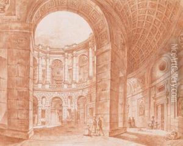 Cour Du Palais Farnese A Caprarola Oil Painting - Jean Augustin Renard