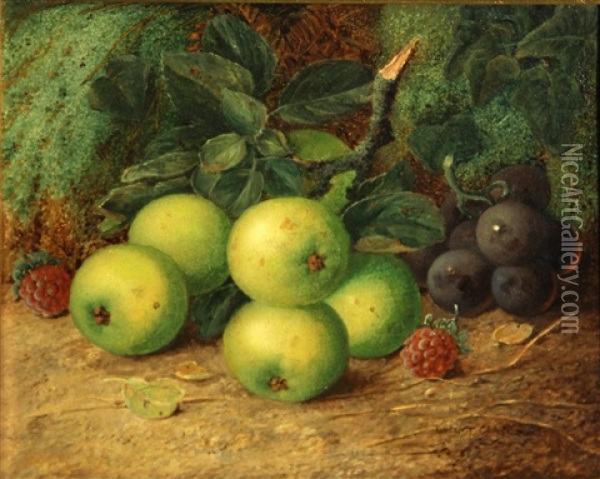 Apples, Plums And Raspberries On A Mossy Bank Oil Painting - Vincent Clare