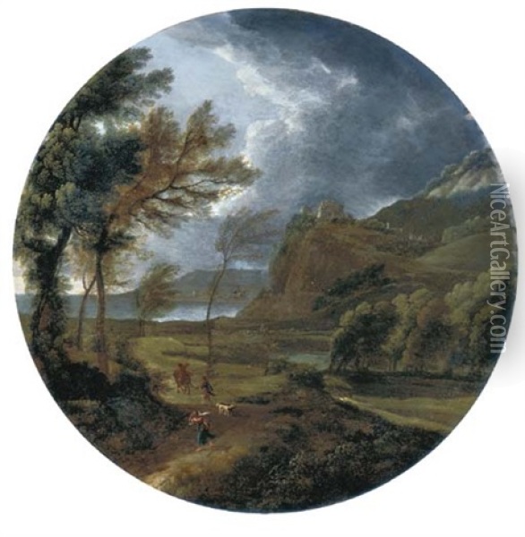 A Stormy Landscape With Travelers By A Cliff Oil Painting - Gaspard Dughet