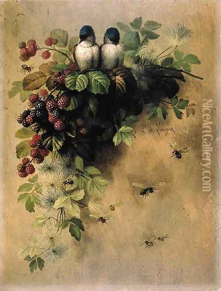 Birds, Bees and Berries Oil Painting - Paul DeLongpre