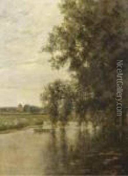 A Figure On A Boat In A River Landscape Oil Painting - Paul Emmanuel Peraire