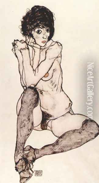 Sitting feminine act Oil Painting - Egon Schiele