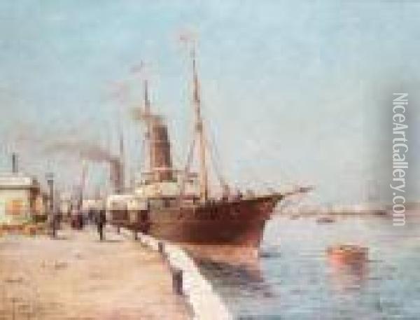 L'embarcadere Des Bateaux De Trouville A Honfleur Oil Painting - Henri Malfroy