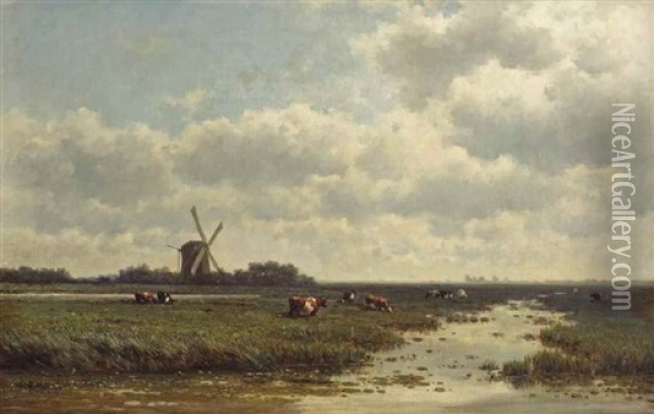 Cows Grazing Near A Windmill Oil Painting - Willem Roelofs