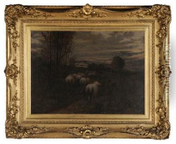 Flock Of Sheep At Dusk Oil Painting - Ben Foster