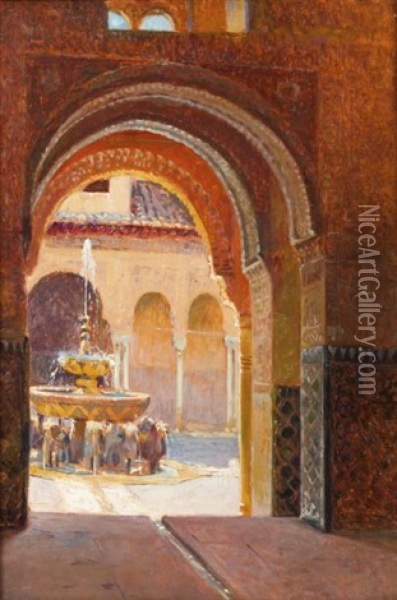 Fontaine Des Lyons Alhambra, Grenade Oil Painting - Eugene Jules Delahogue