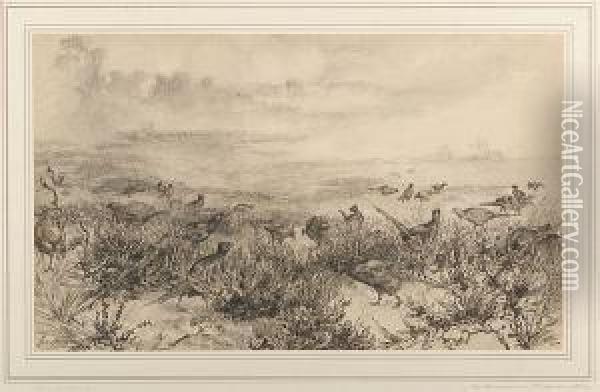 Pheasants Feeding, Study For The Etching Oil Painting - Felix Bracquemond