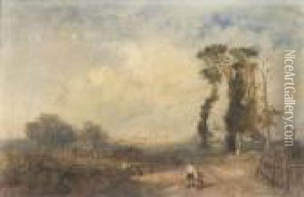 Figures Walking On A Country Lane; Loading The Haycart Oil Painting - James Baker Pyne