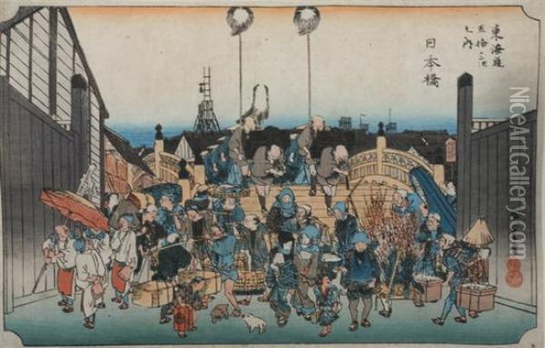 Nihon-bashi Oil Painting - Utagawa or Ando Hiroshige