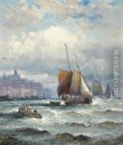 A Calais Fishing Boat Off The Harbour Mouth, Boulogne Oil Painting - William A. Thornley Or Thornber