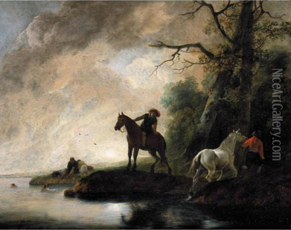 An Evening Landscape With Horsemen And Bathers By A Lake Oil Painting - Pieter Wouwermans or Wouwerman