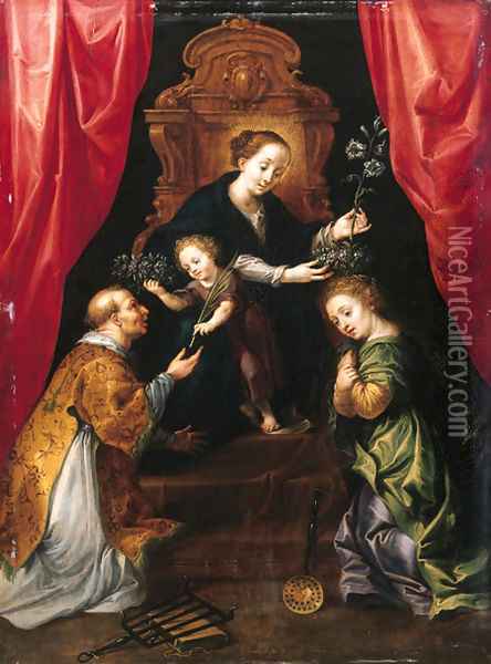 The Madonna and Child enthroned, adored by Saint Lawrence and Saint Martha Oil Painting - Marten Pepijn
