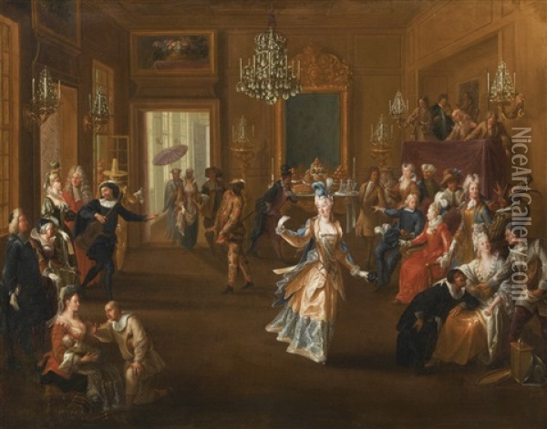Figures In An Elegant Interior Watching An Entertainment With Commedia Dell'arte Characters Oil Painting - Claude Gillot
