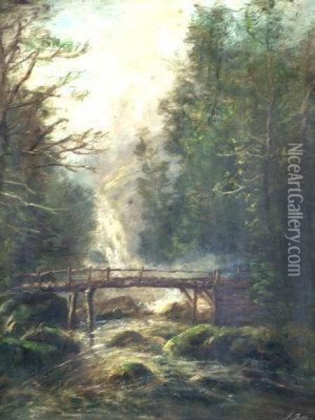 Waterfall With Wooden Bridge In A Wooded Mountain Landscape Oil Painting - Joseph Jefferson
