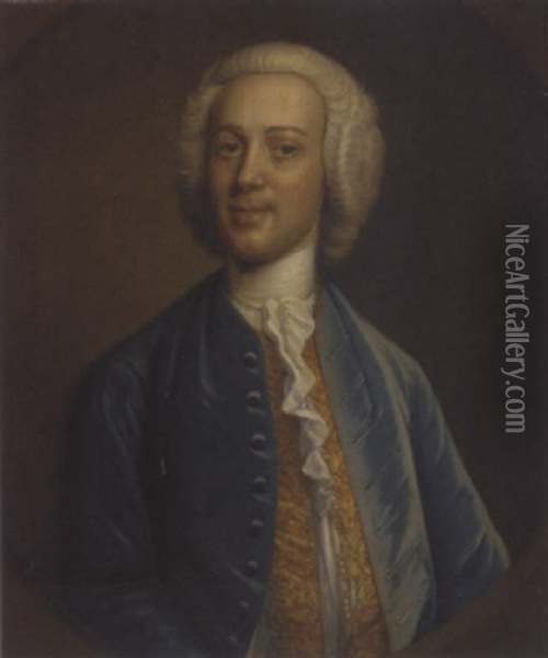 Portrait Of Robert Jenkins In A Blue Coat And Gold Embroidered Waist Coat Oil Painting - Hans Hysing