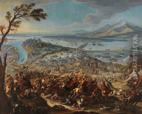 Prince Eugene Of Savoy During The Battle Of Belgrade; And An Episode From The Battle Of Belgrade Oil Painting - Antonio Calza
