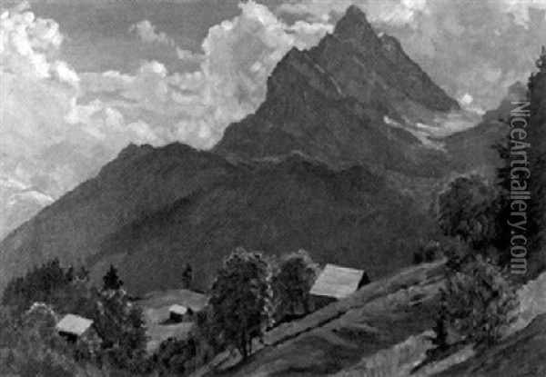 Alpenlandschaft Mit Berghutten Am Hang Oil Painting - Carl Friedrich Felber